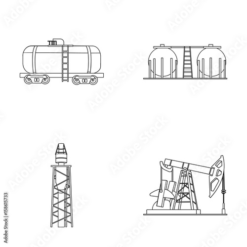 A railway tank, an oil storage, a drilling tower, an oil pump. Oil industry set collection icons in outline style vector symbol stock illustration web.