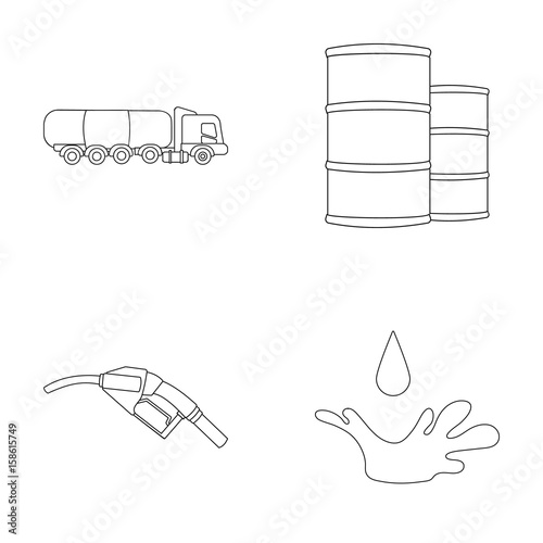 Truck with a cistern, barrels of fuel, a refueling gun, a drop of oil. Oil industry set collection icons in outline style vector symbol stock illustration web.