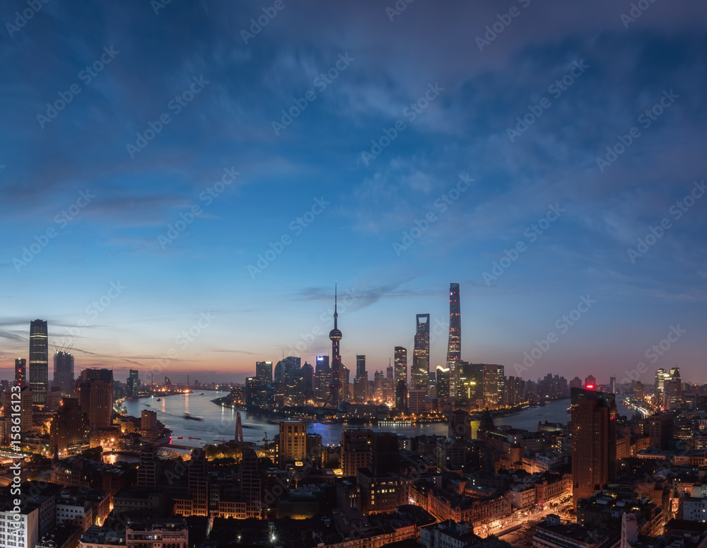 Aerial View of Lujiazui Financial District at sunrise.