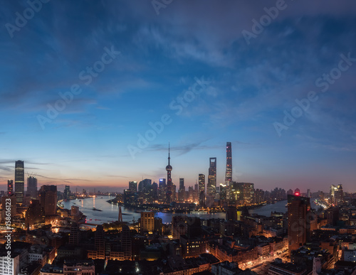 Aerial View of Lujiazui Financial District at sunrise.