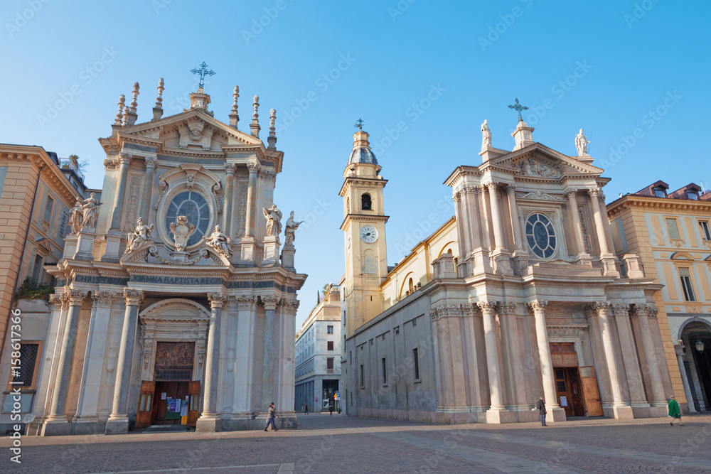 Turin - The Piazza San Carlo square and churches Santa Cristina and Sant Carlo (right).