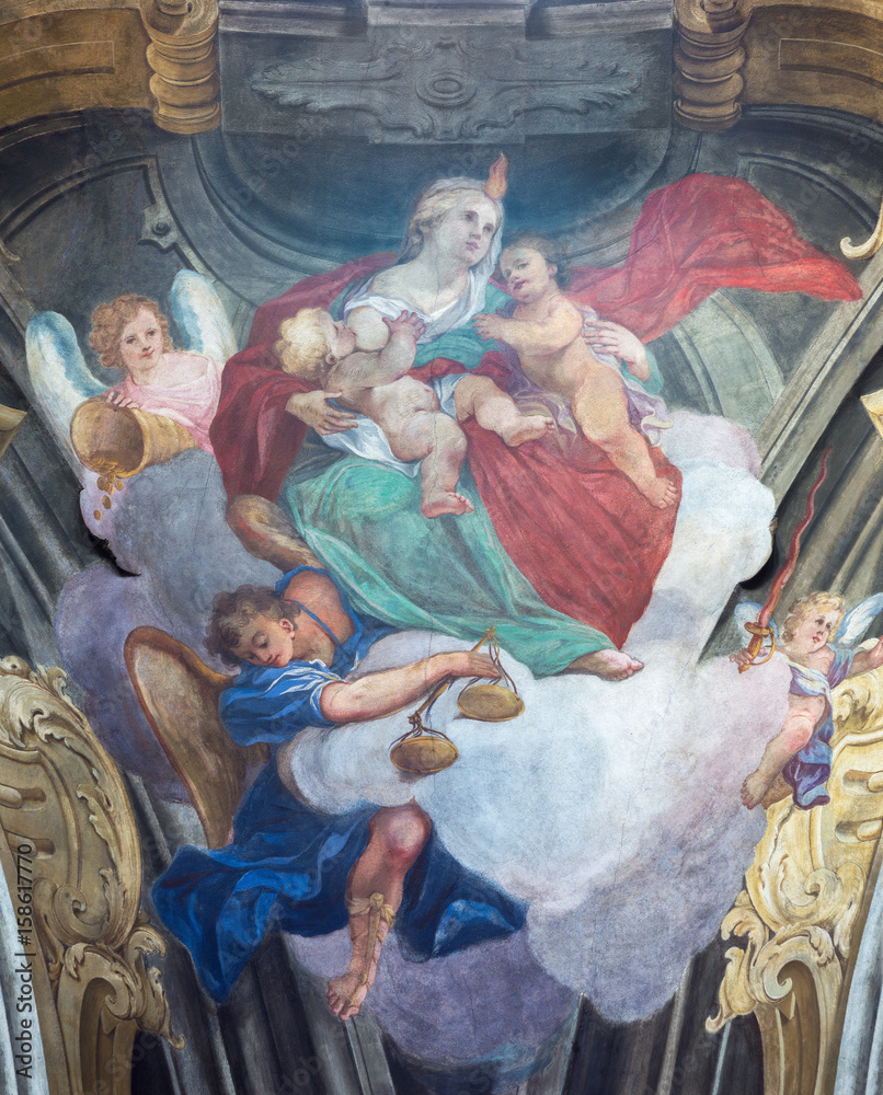 TURIN, ITALY - MARCH 13, 2017: The fresco of cardinal virtues of Love in cupola of Chiesa della Visitazione by Michele Antonio Milocco  (1690 - 1772).