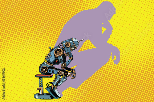 Robot thinker with the shadow of a man