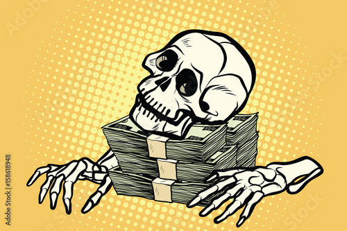 Fototapeta skeleton skull dollar money, wealth and greed