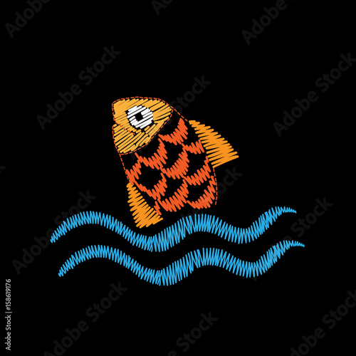 Little fish embroidery stitches imitation isolated on the black background