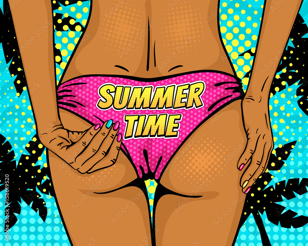 klein Onvermijdelijk Vriend Close up of sexy female ass in bikini with text Summer Time and hand  correcting it