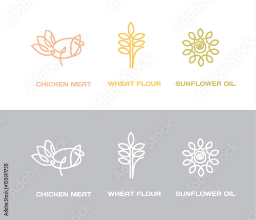Natural concept modern simple icons  proteins  fats  carbohydrates. sunflower floral  birds and wheat grains.