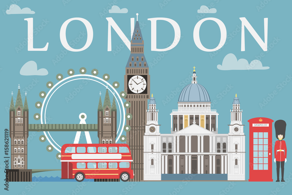Fototapeta Graficzny informacje o podróży do Londynu. Ilustracja wektorowa, Big Ben, oko, wieżowiec i autobus piętrowy, posterunek policji, katedra św. Pawła, strażnicy królowej, telefon.
