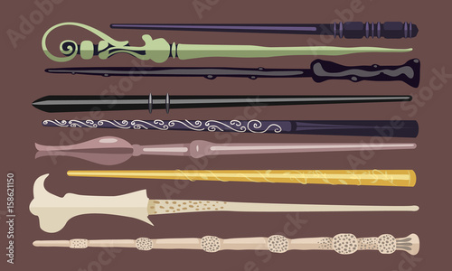 Set of 9 different magic wands for witches and wizards. vintage magic sticks for witchcraft schools and fantasy games.
