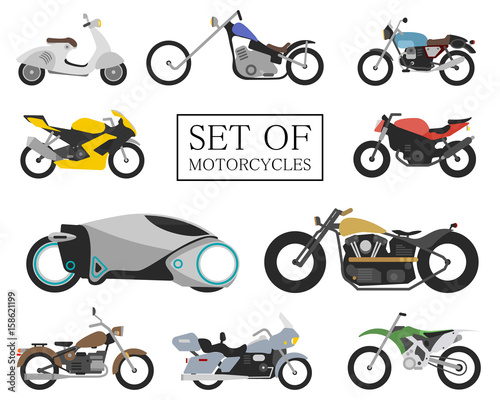 Set of motorcycle icons. retro and modern flat bikes. racing and street motorbikes. scooter on white.