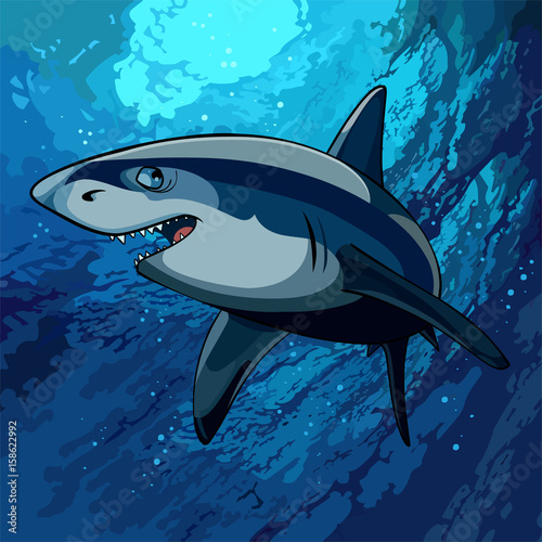 cartoon shark swimming underwater in the blue sea