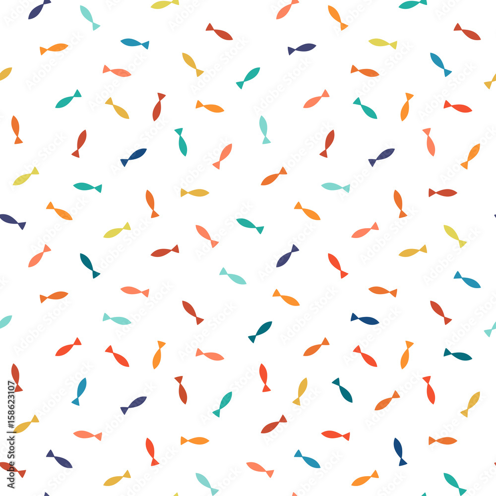 Colorful mosaic seamless pattern with minimalistic fishes icons.