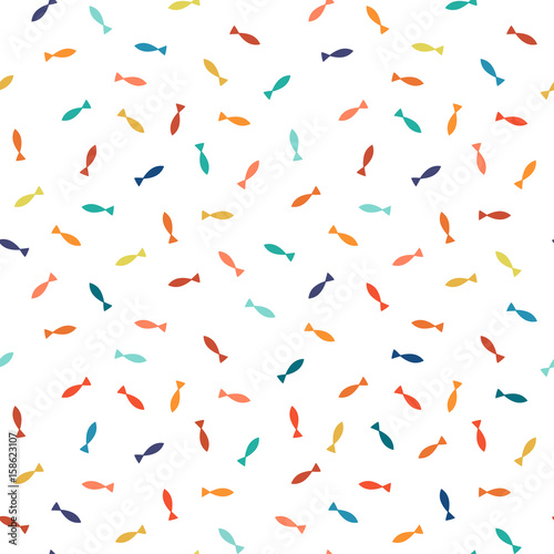 Colorful mosaic seamless pattern with minimalistic fishes icons.