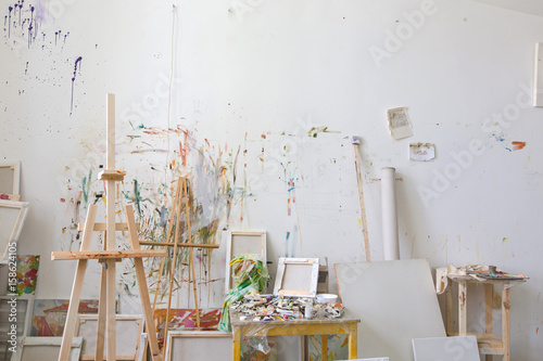 Wall in the artist's studio interior, workshop photo
