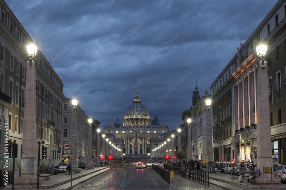 St peter's basilica cathedral at dusk, Vatican city, Rome, Italy.