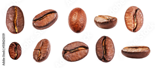 Coffee beans set Isolated on white background, closeup, macro .