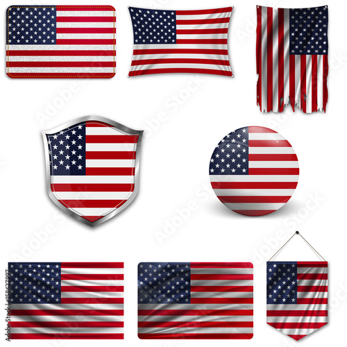 Set of the national flag of USA in different designs on a white background. Realistic vector illustration.