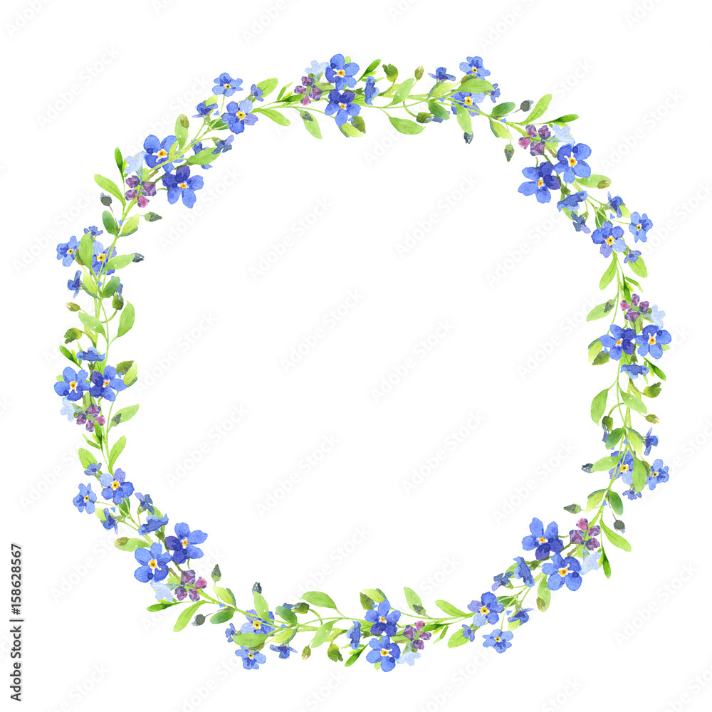 Watercolor wreath. Blue forget-me-nots with green leaves on white background. Can be used as wedding invitations, print, your banner or Postcards for Valentine's Day.