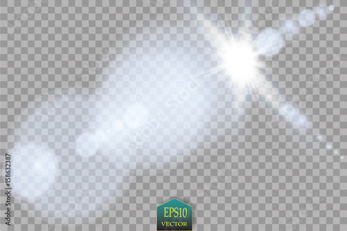 Vector transparent sunlight special lens flare light effect. Sun flash with rays and spotlight on transparent background
