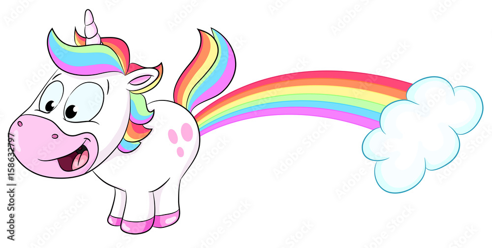 Niedliches Einhorn pupst Regenbogen- Vektor Illustration