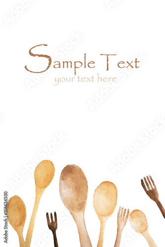 Wooden spoons and fork with place for text - watercolor painting on white background