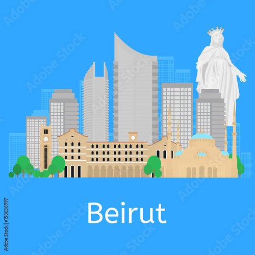 Beirut City skyline silhouette. Flat lebanese tourism icon banner, postcard. Lebanon travel concept. Cityscape with landmarks architecture.