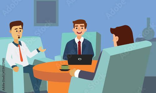 Business people discussing and working with laptop sitting at sofa. Corporate Couch Sitting Conceptual illustration vector.