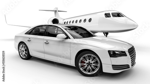 Rich man vehicles painted in white  / 3D render image representing a rich man transportation vehicles painted in white isolated on white background  © Mlke
