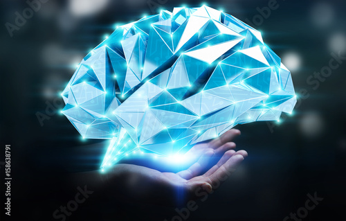 Businesswoman holding digital x-ray human brain in her hand 3D rendering © sdecoret