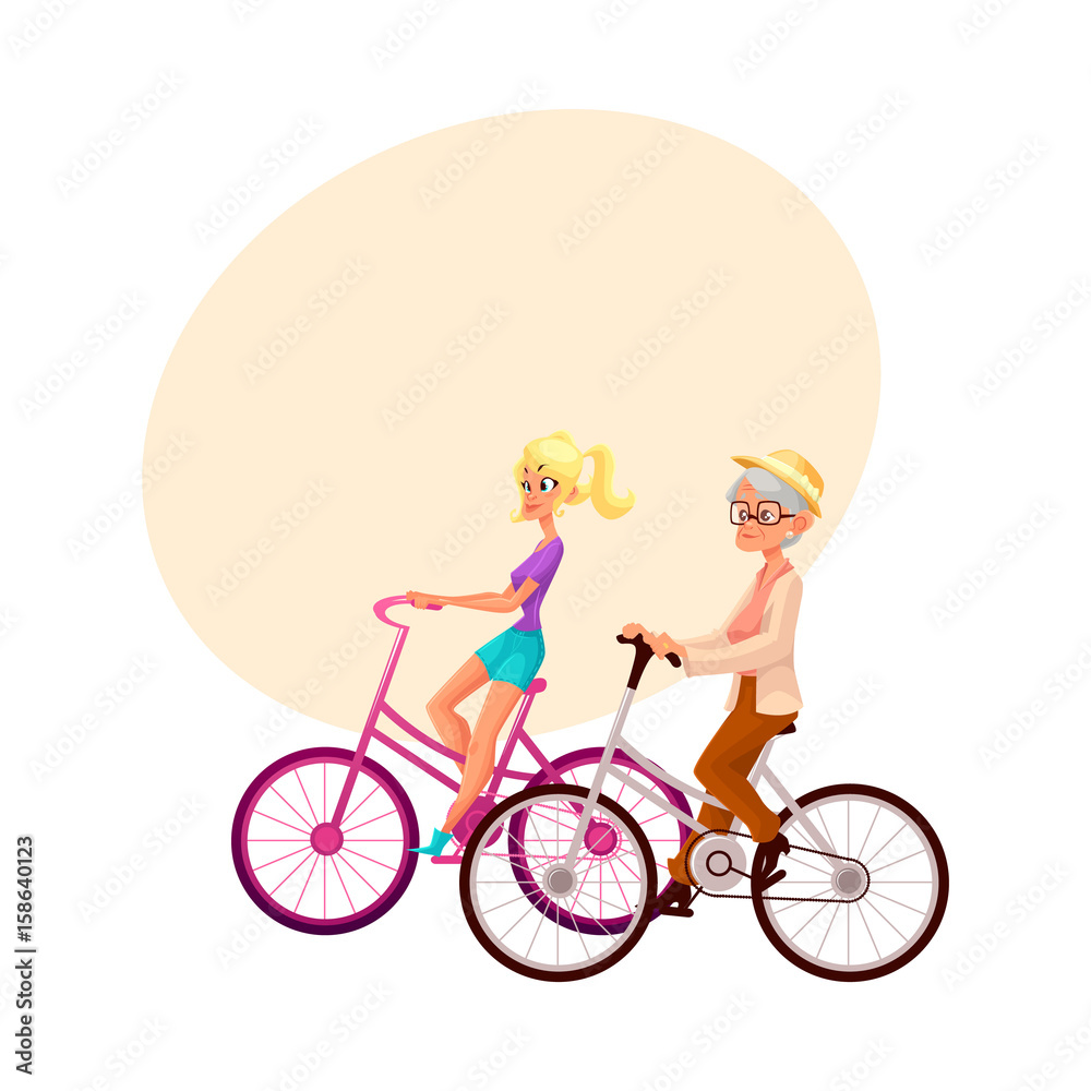 Old and young woman, mother and daughter, grandmother and granddaughter, riding bicycle, cycling together, cartoon vector illustration with space for text. Old and young women riding bicycles