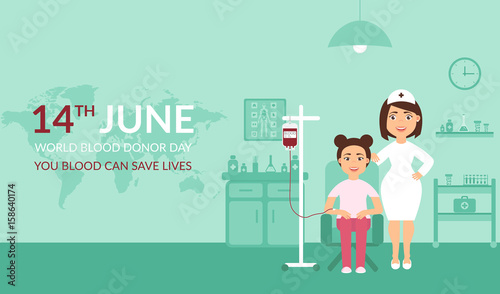 Health care. Medical banner your blood can save lives. World Blood Donor Day. A nurse or doctor at the clinic and the patient. Flat design.