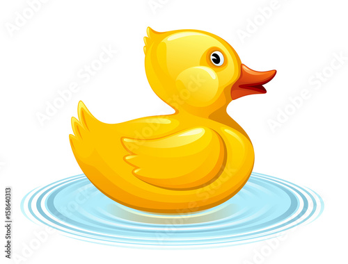 Yellow duckling on the water on a white background