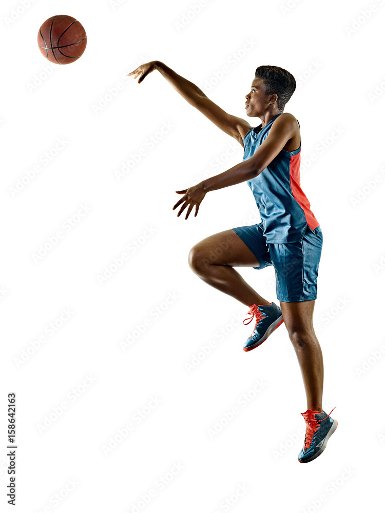 Fototapeta premium one african Basketball players woman teenager girl isolated on white background with shadows