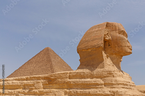Great Pyramid behind Great Sphinx in Giza, Egypt