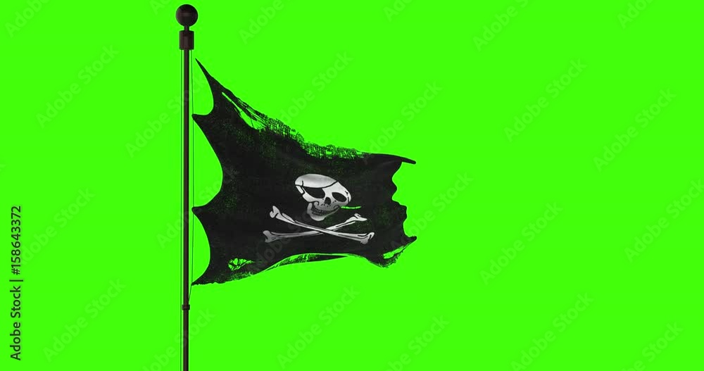 ripped tear grunge old fabric texture of the pirate skull flag waving in wind, calico jack pirate symbol at chroma key green screen background, dark mystery style, hacker and robber concept