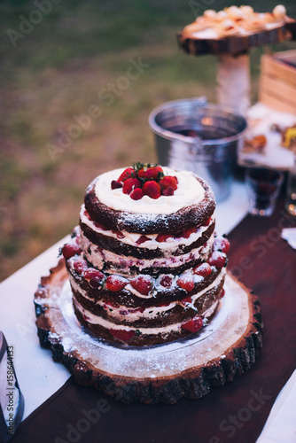 decoration with cake, party in forest a background of nature