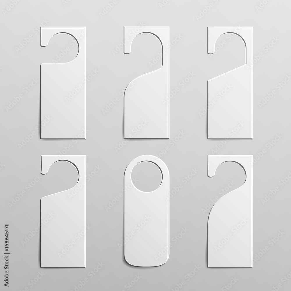 Paper Plastic Door Handle Lock Hangers. Clean Door Hanger Tags For Room In Hotel, Hostel, Resort, Home. Isolated Vector Illustration Paper Plastic Door Handle Lock Hangers. Clean Door Hanger Tags For Room In Hotel, Hostel, Resort, Home. Isolated Vector Illustration
