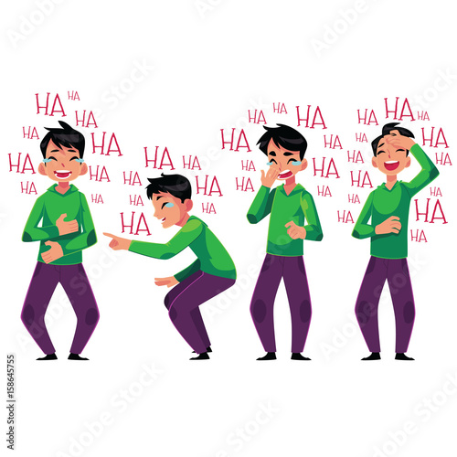 Young man laughing out loud, bent over with laughter, cartoon vector illustration isolated on white background. Full length portrait of young man bursting with laughter set, laughing to tears