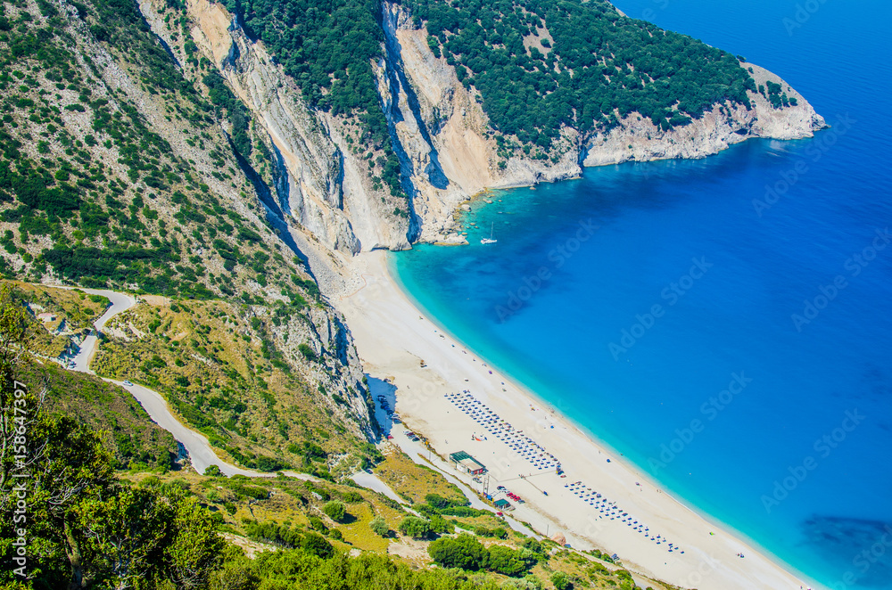 Fototapeta premium Aerial View of beautiful Myrtos Bay and Beach on Kefalonia Island, Greece