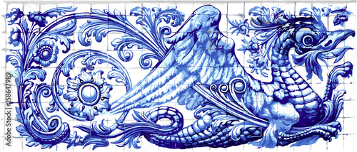 Blue dragon azulejo indigo ceramic tile magnet souvenir. Realistic detailed vector floor pattern ornament ornate illustration photo