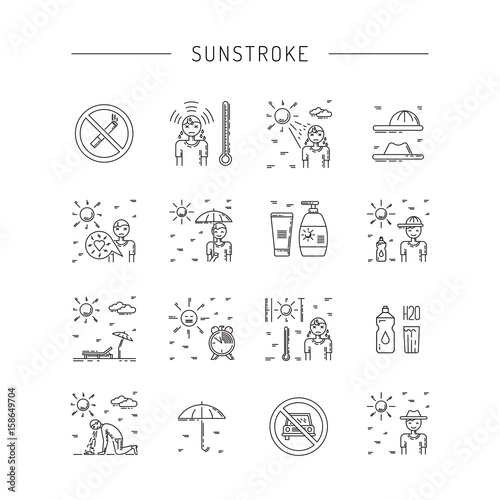Vector icons on the theme of solar impact and protection measures during exposure to the sun in hot weather. Icons sunstrocke in outline style.
