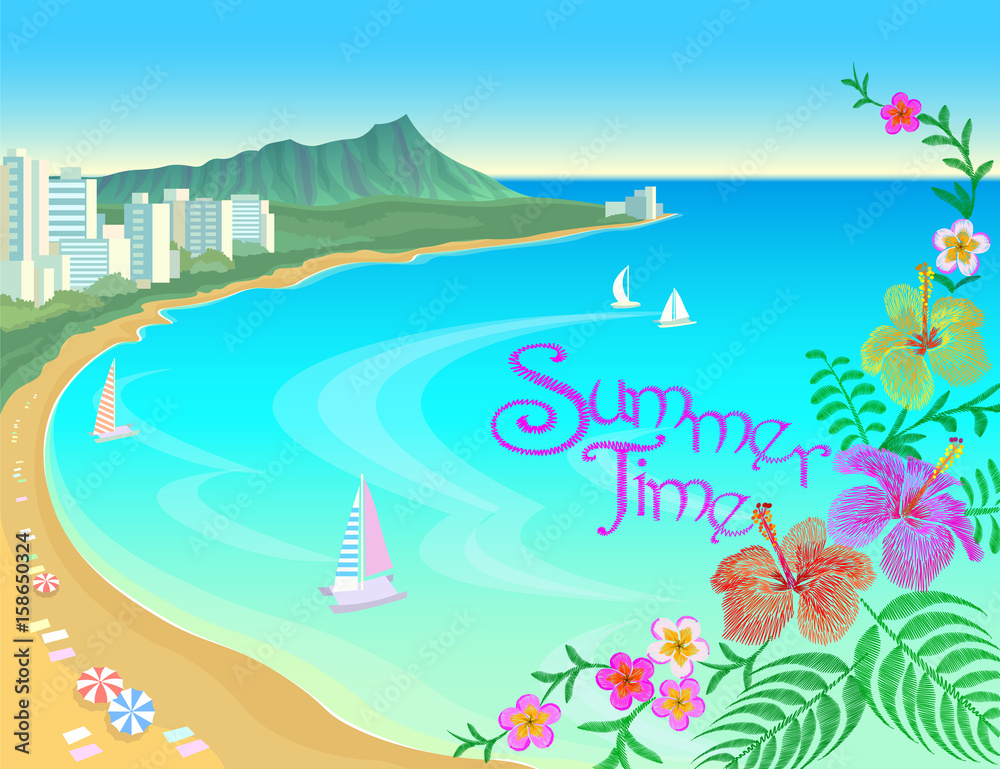 Hawaii ocean bay blue water sunny sky summer travel vacation background. Boats sand beach flowers umbrellas hot day scene landscape view vector illustration