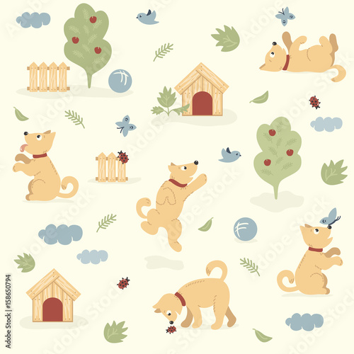 Seamless pattern of funny dogs playing in the garden with a butterfly, a bird and a ladybug