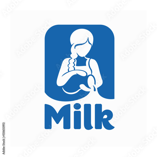 Blue logo girl with a jug of milk on a gray background