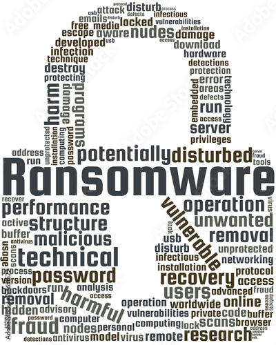Ransomware Word Cloud Text Illustration in shape of Padlock. Network Security keyword tags isolated vector. Transparent.