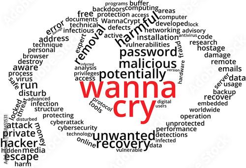 Wanna Cry Word Cloud Text Illustration in shape of a weeping Eye. Cyber attack keyword tags isolated vector. Transparent.