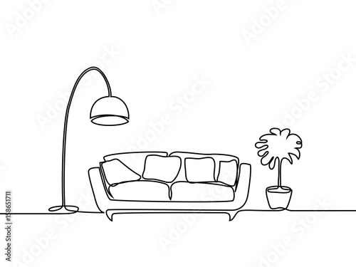 Continuous line drawing. Interior with sofa, floor lamp and plant. Vector illustration.
