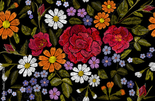 Embroidery flower rose poppy daisy gerbera herb sticker patch fashion seamless print textile vector illustration