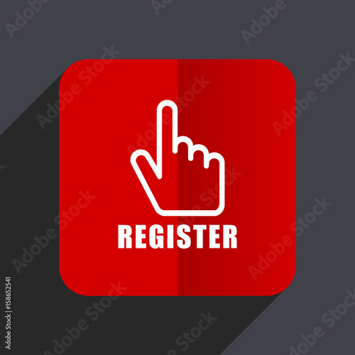 Register flat design web vector icon. Red square sign on gray background in eps 10.