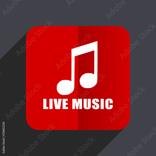 Live music flat design web vector icon. Red square sign on gray background in eps 10.